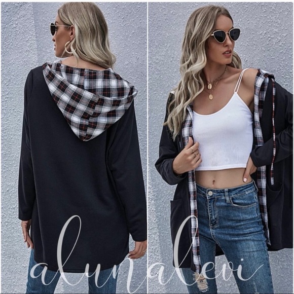 HPπ₯Black Plaid Hoodie Jacket Coat with Pockets - Picture 3 of 6